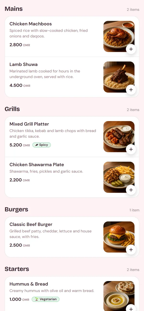Demo menu made with Resto Platform: dishes with photos, prices and vegetarian tags