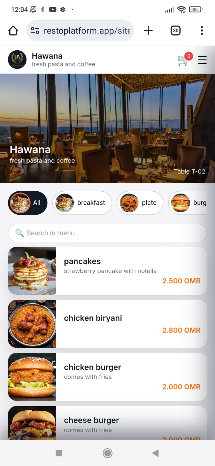 Resto microsite menu on mobile